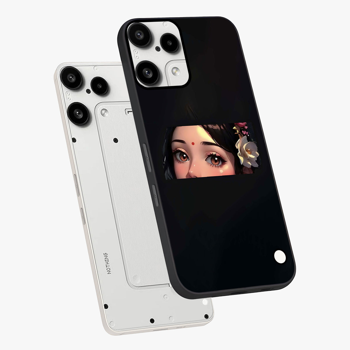Radha Divine Embrace Glass Case displayed in angled mockup highlighting graceful spiritual illustration with divine aesthetic.