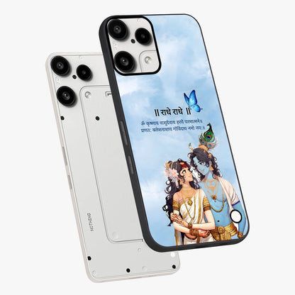 Radha Krishna Eternal Glass Case displayed in angled mockup highlighting divine Radha Krishna illustration with spiritual aesthetic.