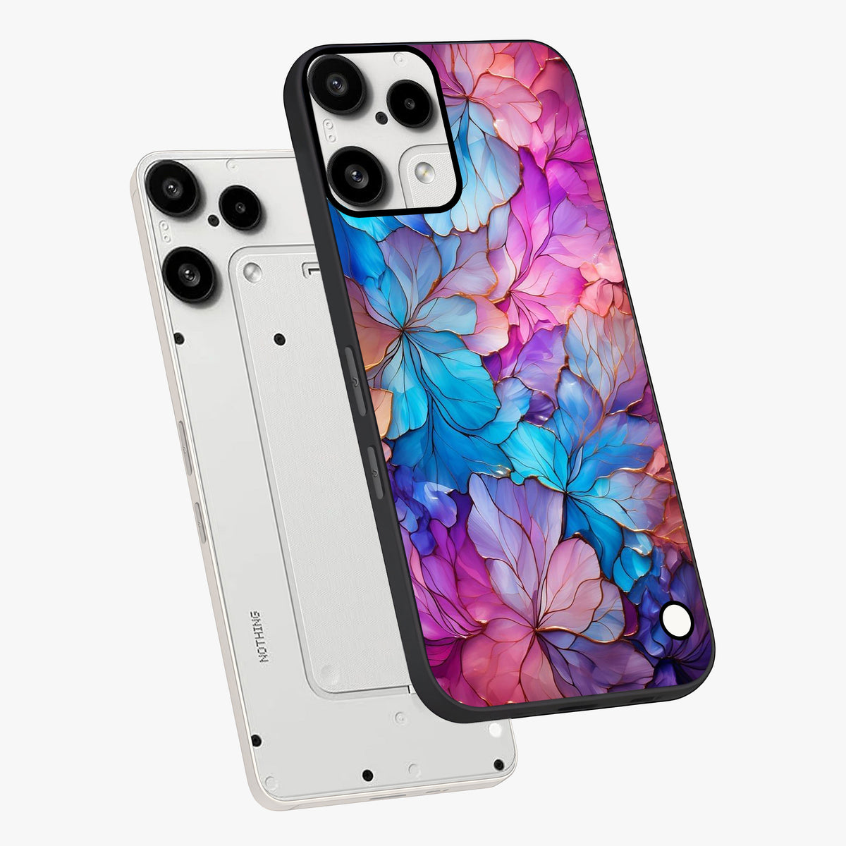 Radiant Floral Whirl Glass Case displayed in angled mockup highlighting vibrant flower pattern with dynamic artistic aesthetic.