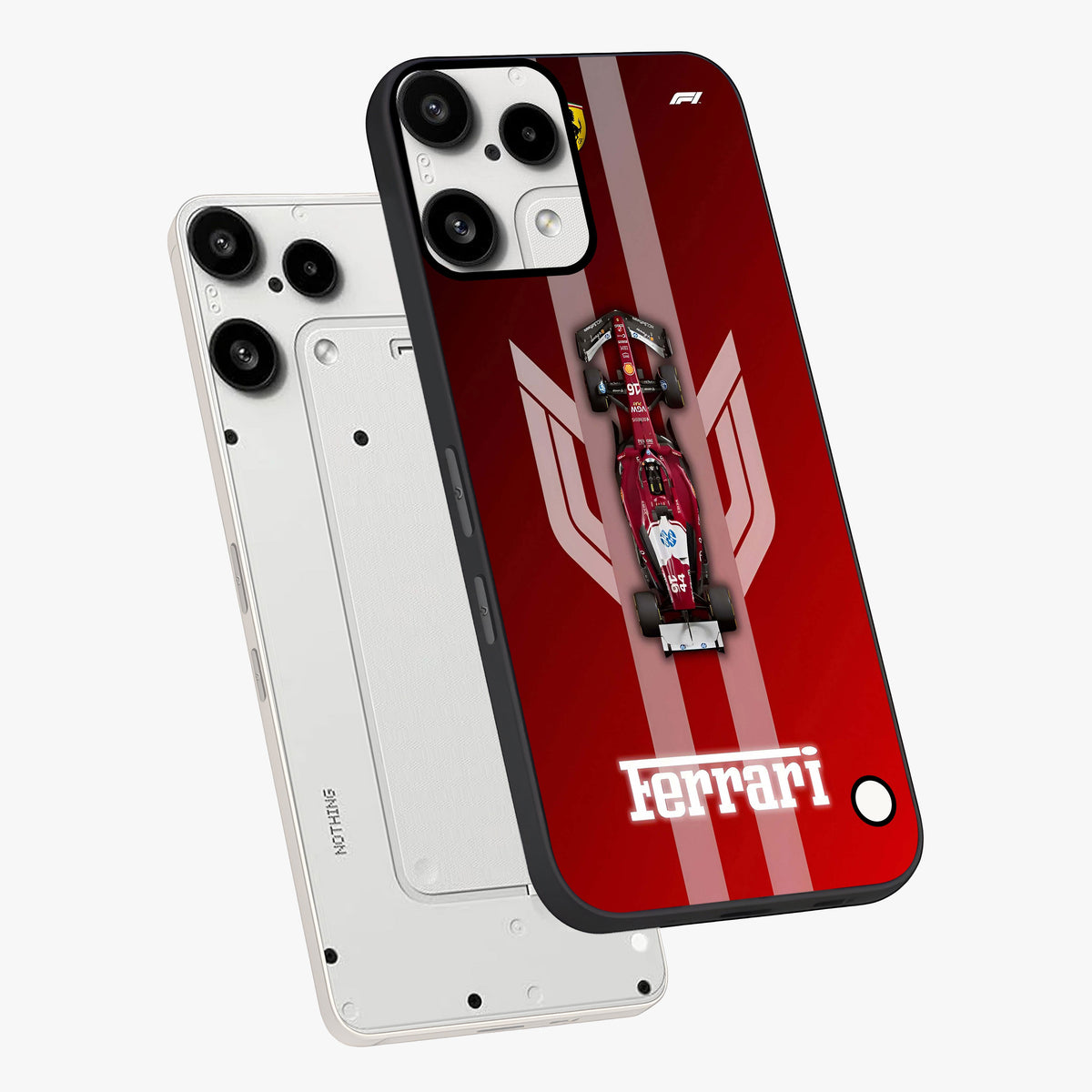 Red Ferrari F1 Vertical Glass Case displayed in angled mockup highlighting high speed racing design with bold automotive aesthetic.