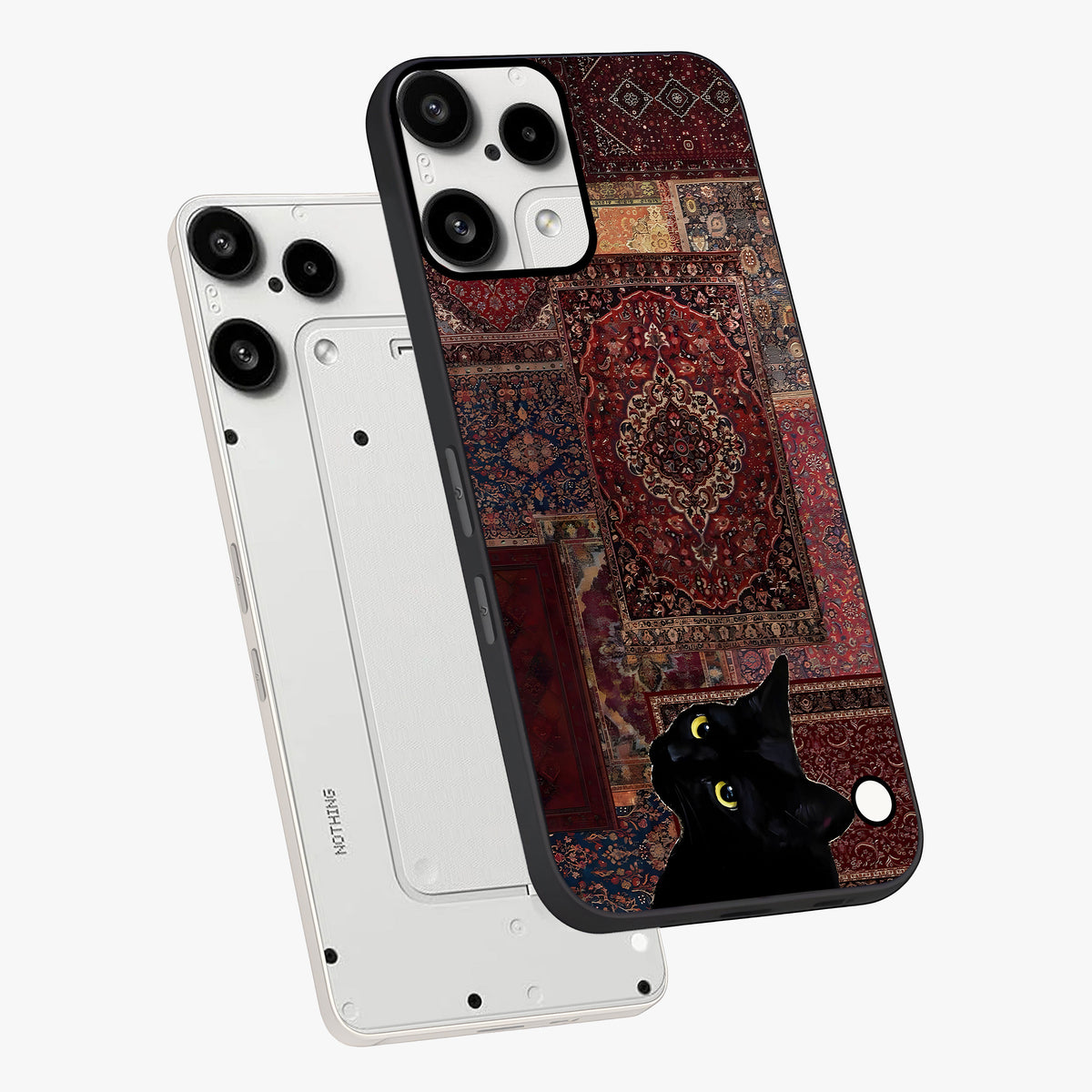 Regal Magic Cat Apple Glass Case displayed in angled mockup highlighting whimsical feline design with fantasy aesthetic.