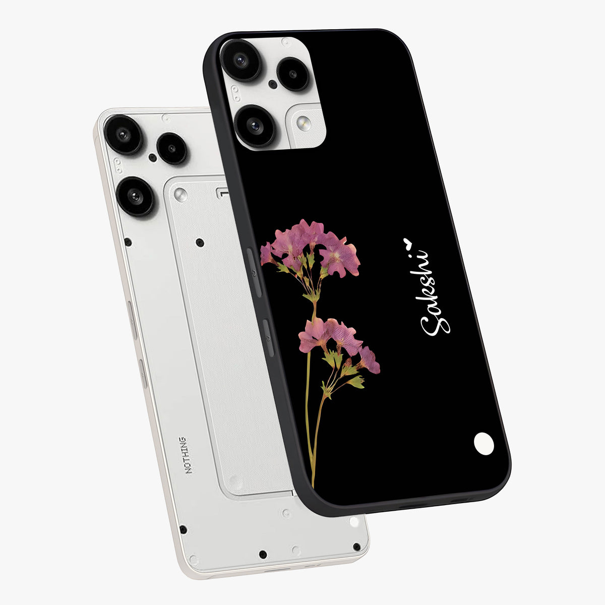 Riching Lavender Flower Custom Name Glass Case displayed in angled mockup highlighting delicate lavender flower design with custom name feature.