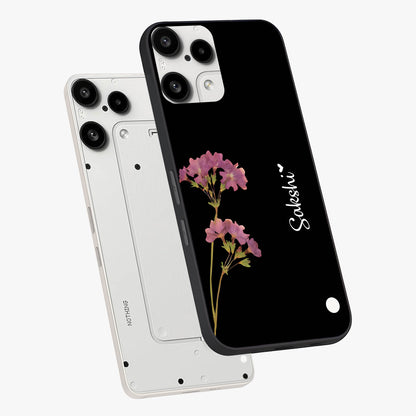 Riching Lavender Flower Custom Name Glass Case displayed in angled mockup highlighting delicate lavender flower design with custom name feature.