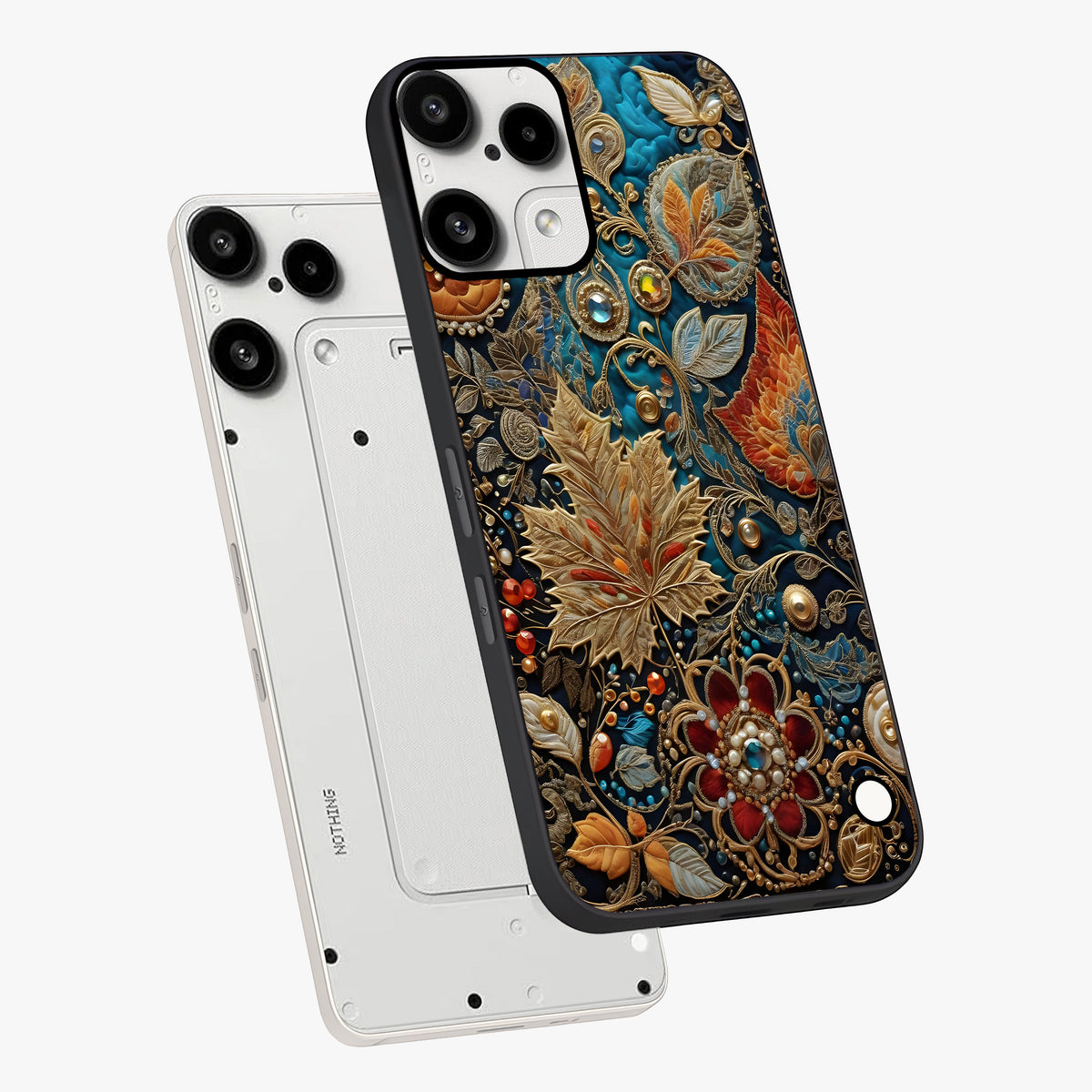 Royal Jewel Garden Glass Case displayed in angled mockup highlighting vibrant jewel inspired floral design with elegant aesthetic.