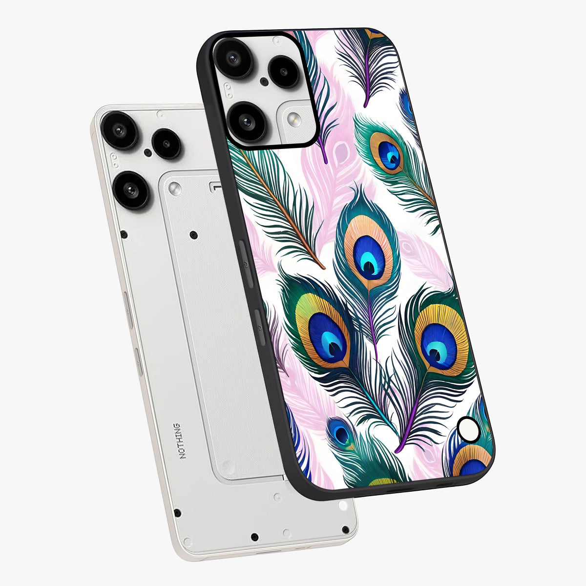 Royal Peacock Feathers Glass Case displayed in angled mockup highlighting vibrant feather pattern with regal aesthetic style.