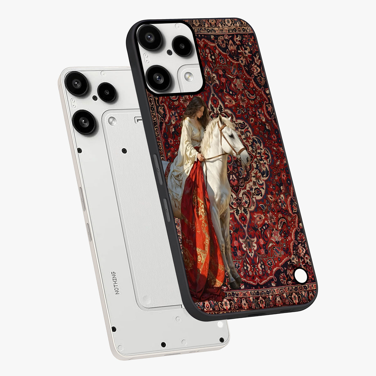 Royal Rider Tapestry Glass Case displayed in angled mockup highlighting traditional tapestry design with royal heritage aesthetic.