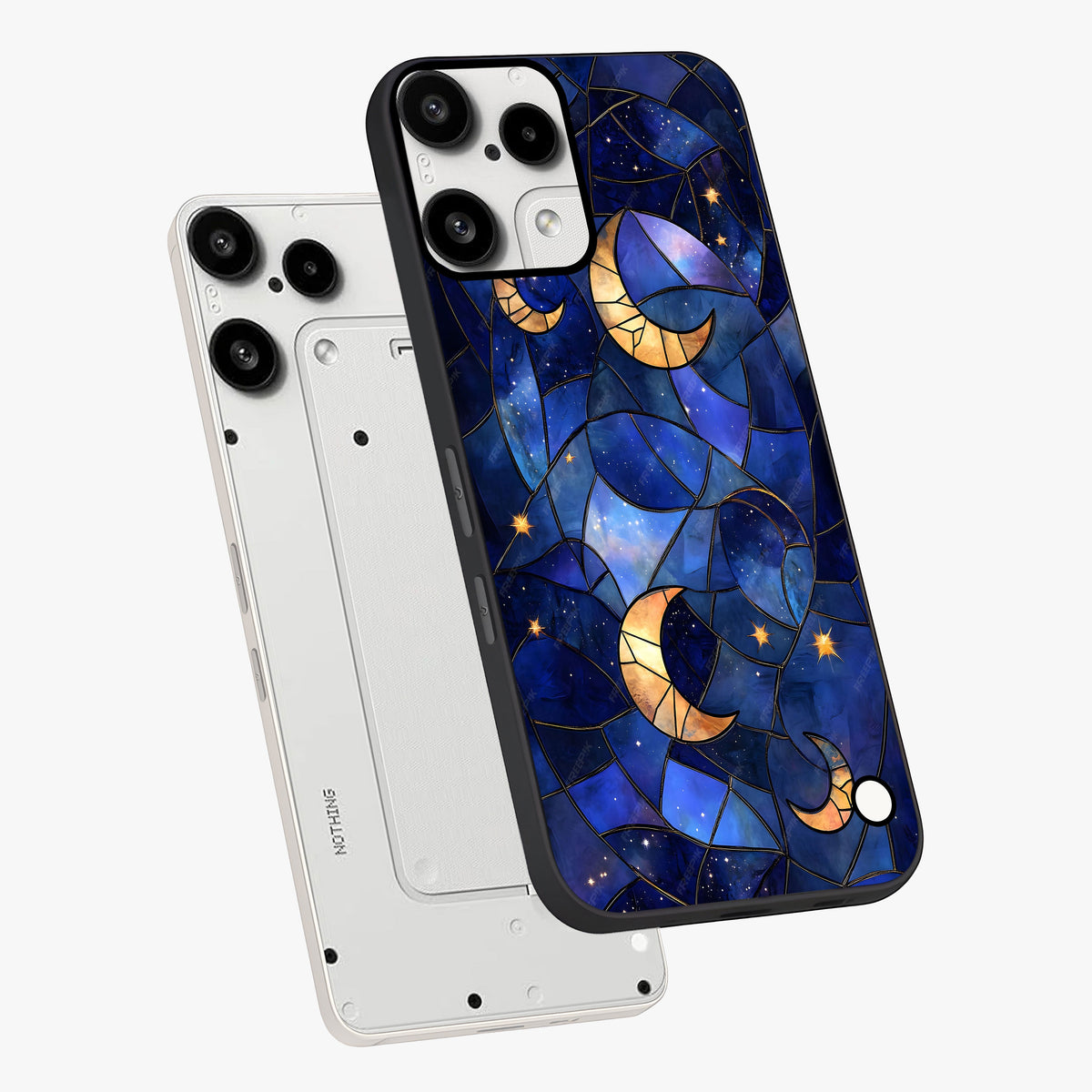 Starlit Sky Tapestry Glass Case displayed in angled mockup highlighting celestial night pattern with artistic aesthetic style.