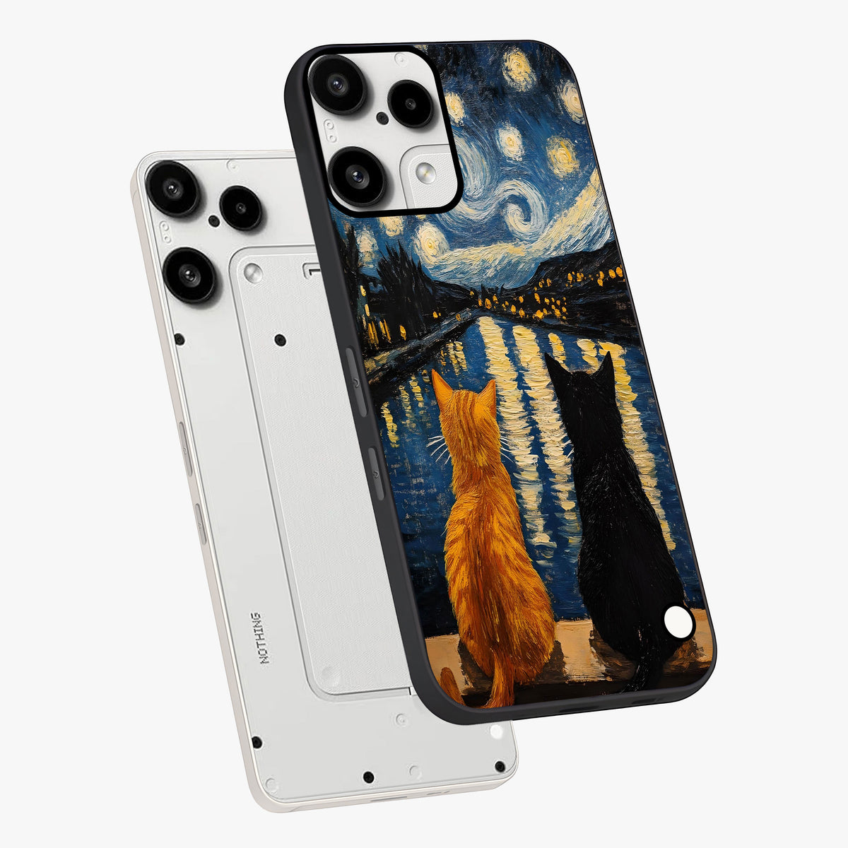 Starry River Cats Glass Case displayed in angled mockup highlighting charming feline illustration with dreamy night aesthetic.