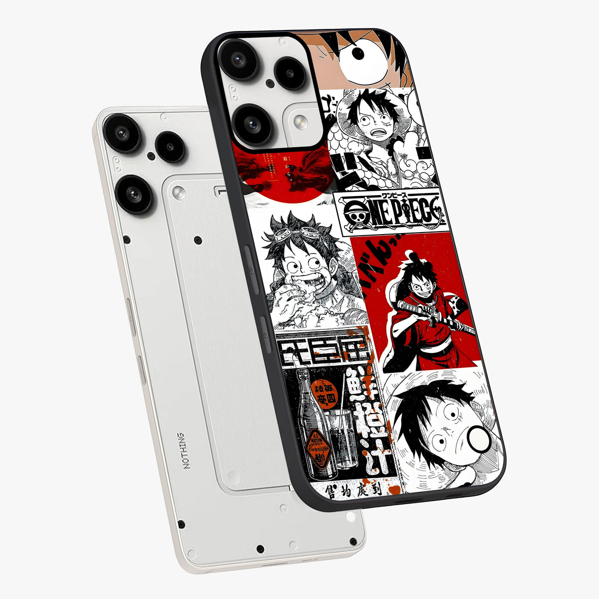 Strawhat Chaos Panels Glass Case displayed in angled mockup highlighting vibrant anime collage design with action aesthetic.