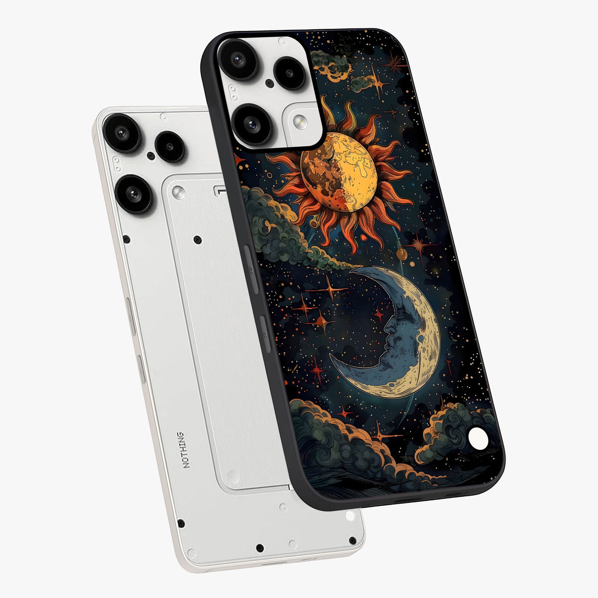 Sun And Moon Magic Design Glass Case displayed in angled mockup highlighting celestial design with magical cosmic aesthetic.