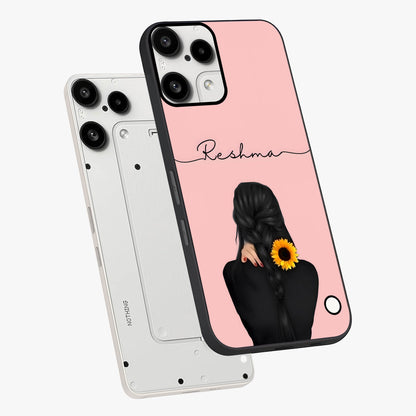 Sunflower Braid Beauty With Custom Name Glass Case displayed in angled mockup highlighting elegant sunflower design with custom name feature.