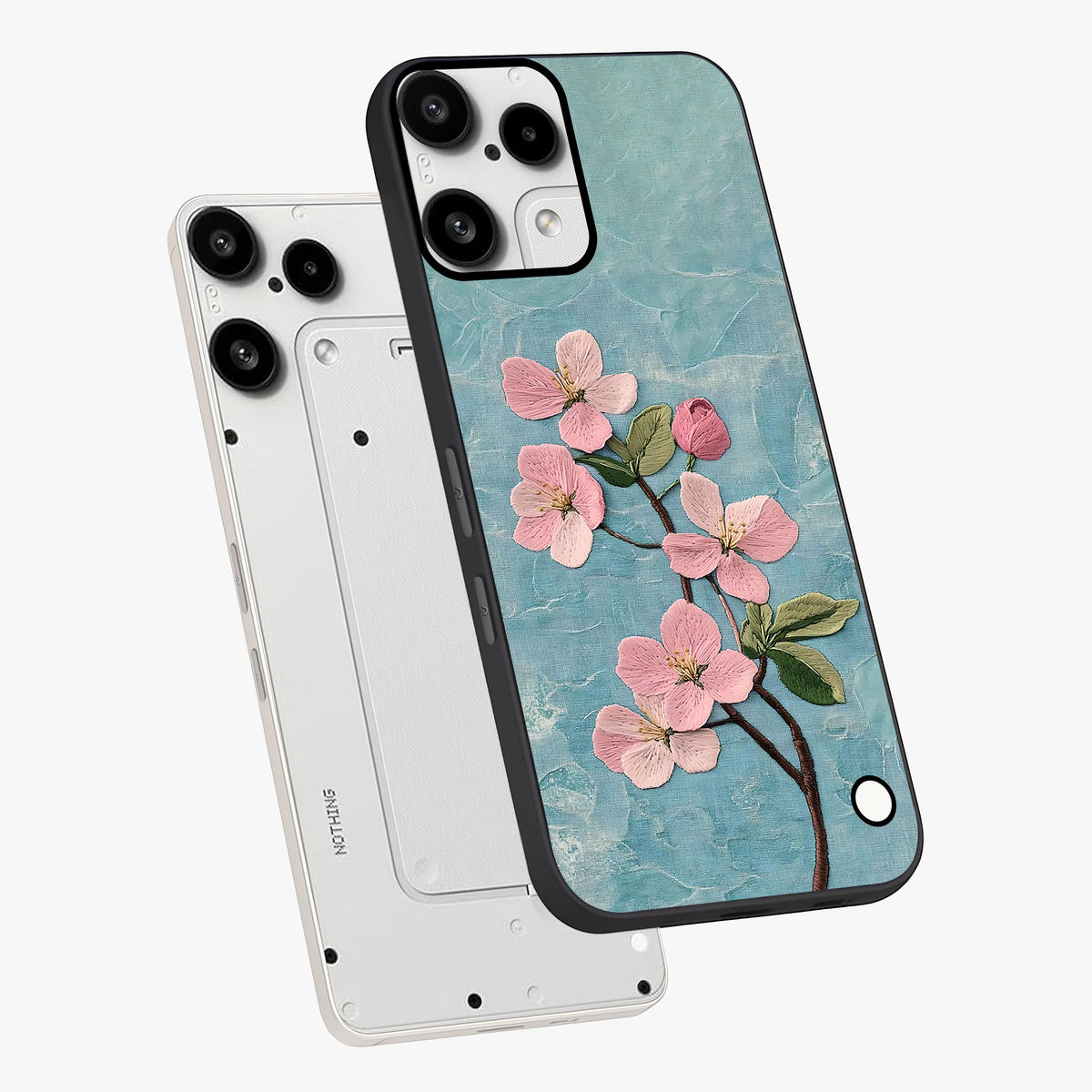 Threaded Blossom Breeze Glass Case displayed in angled mockup highlighting elegant floral design with soft aesthetic style.