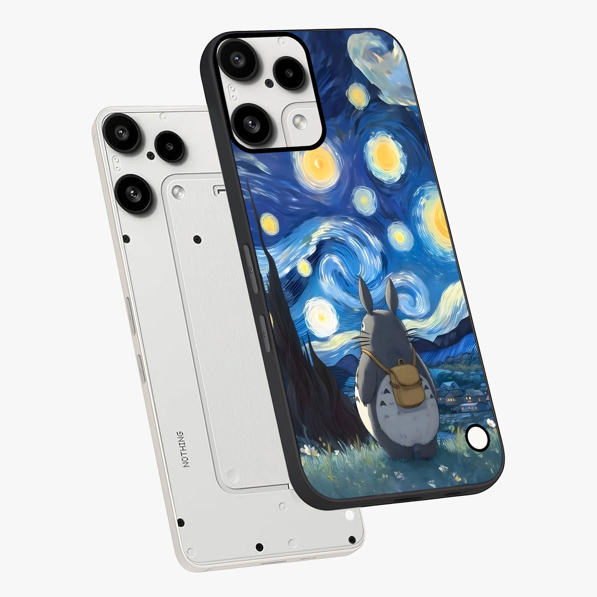 Totoro In Van Gogh Art Glass Case displayed in angled mockup highlighting artistic swirling sky design with playful animation aesthetic.