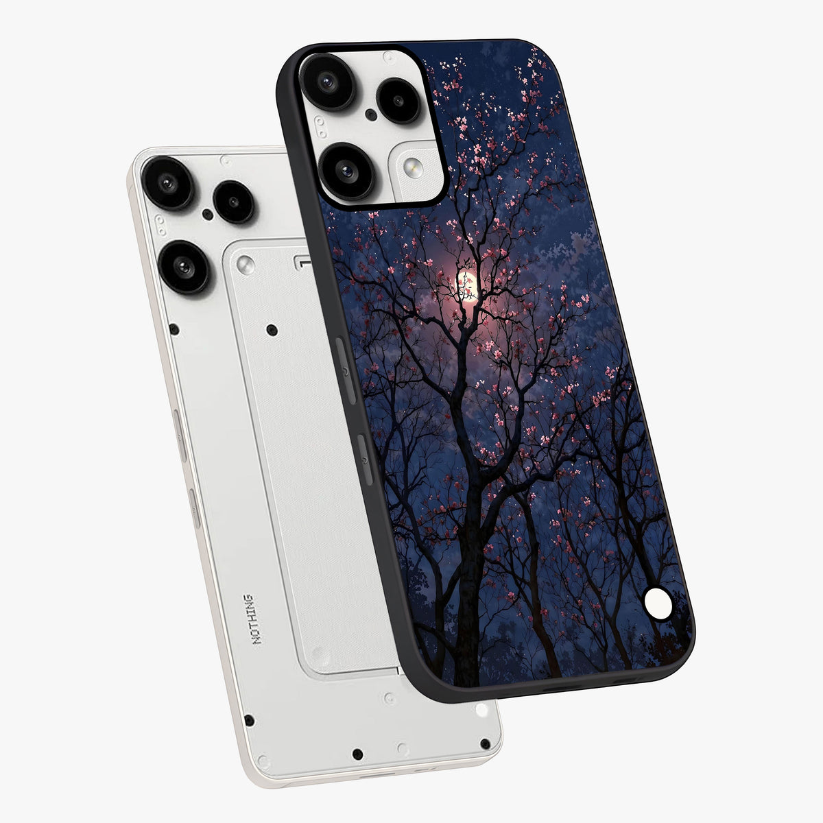 Twilight Sakura Serenade Glass Case displayed in angled mockup highlighting delicate sakura flower design with dreamy aesthetic.