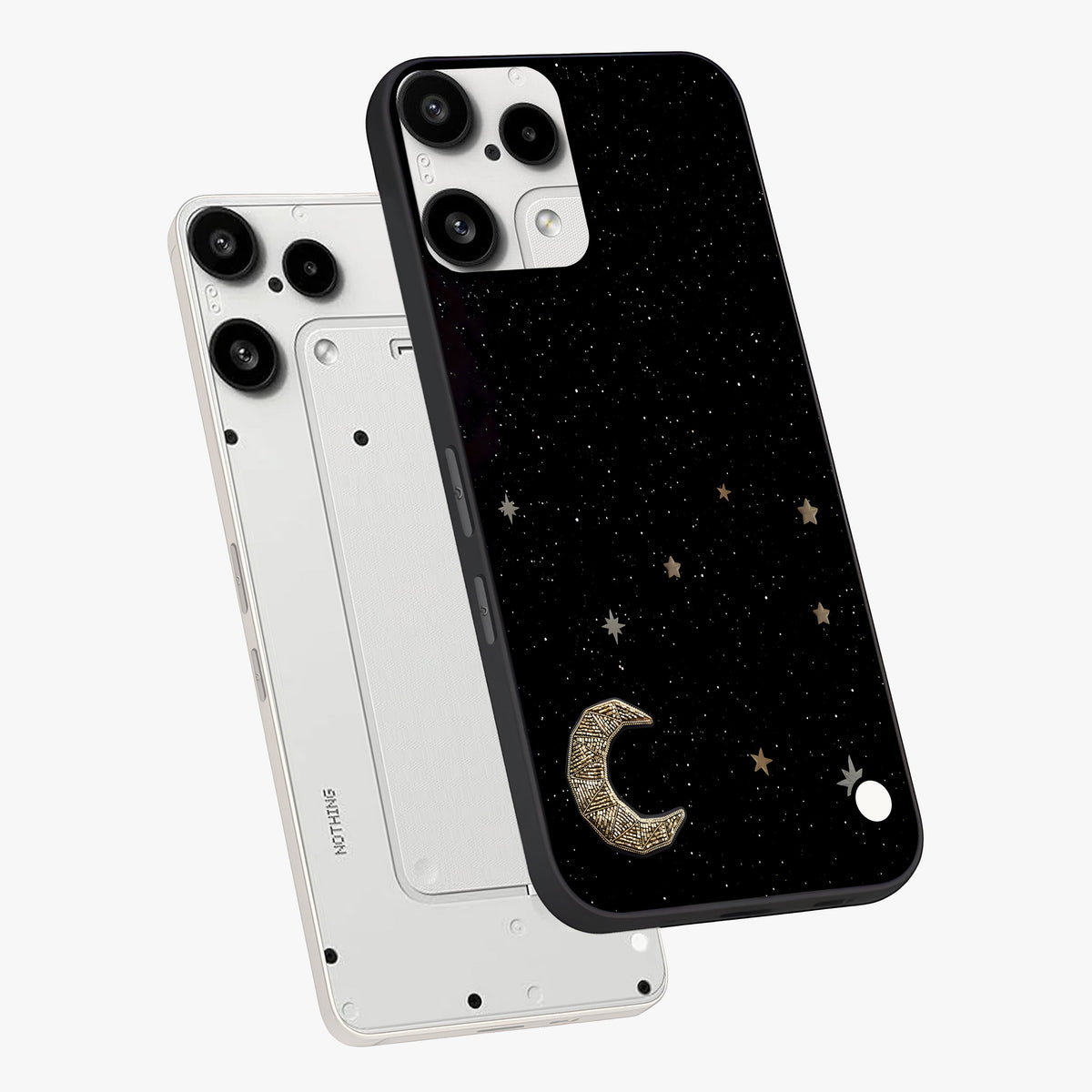 Twinkle Star With Half Moon Glass Case displayed in angled mockup highlighting celestial moon and star design with magical aesthetic.