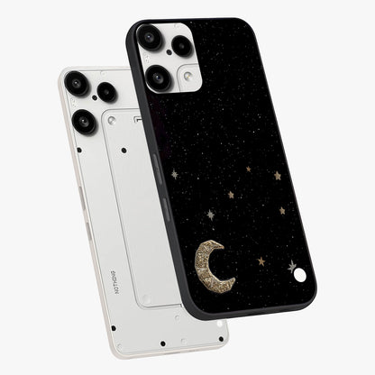 Twinkle Star With Half Moon Glass Case displayed in angled mockup highlighting celestial moon and star design with magical aesthetic.