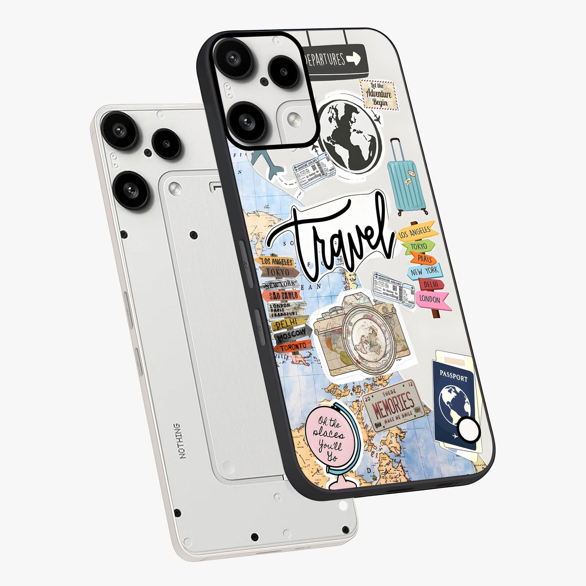 Wanderlust Journal Glass Case displayed in angled mockup highlighting adventure themed design with aesthetic travel vibe.