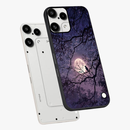 Whispering Moon Silence Glass Case displayed in angled mockup highlighting calm lunar design with dreamy night aesthetic.