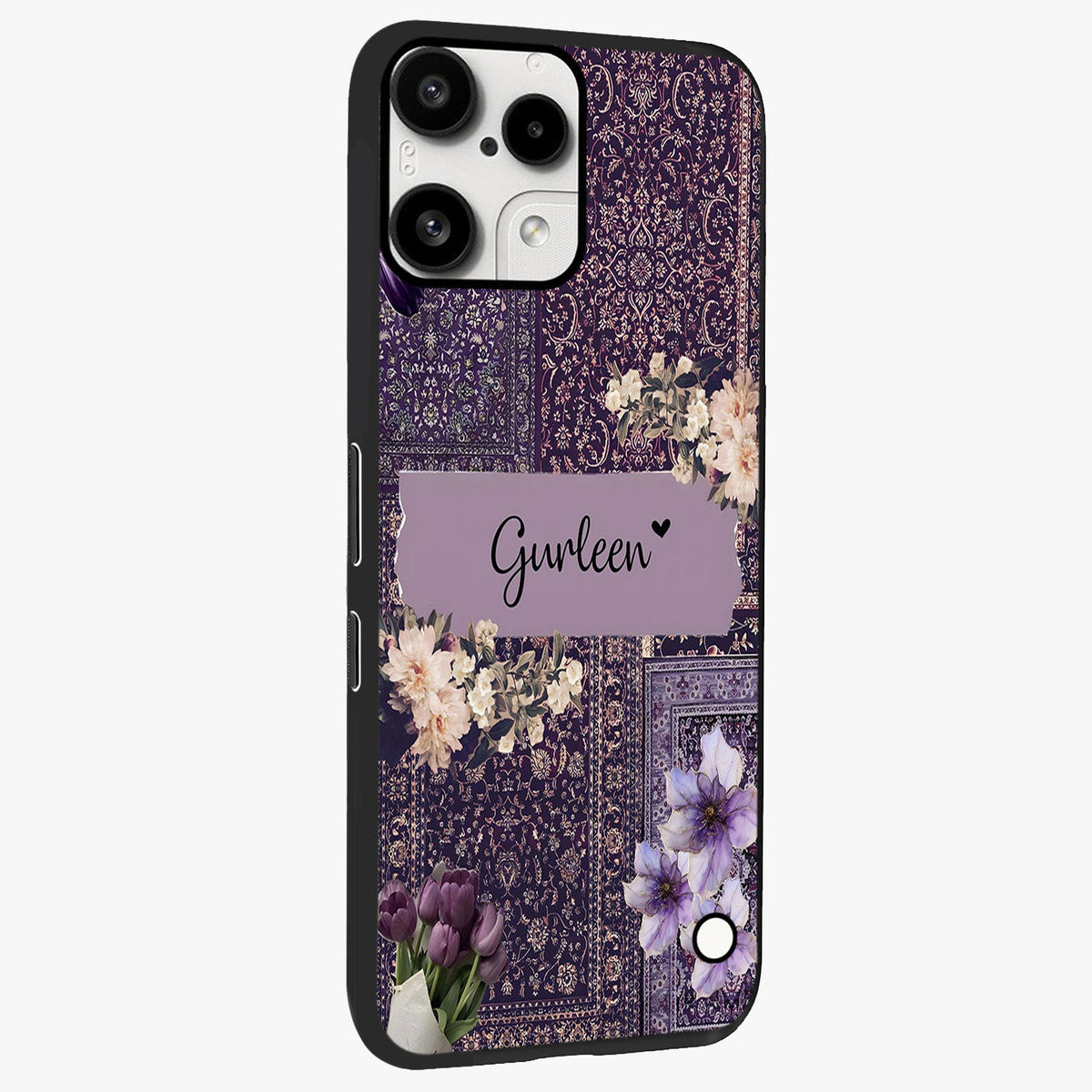 Antique Floral Whisper Custom Name Glass Case upright view showcasing delicate floral artwork with custom name feature.