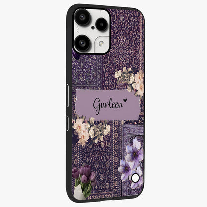 Antique Floral Whisper Custom Name Glass Case upright view showcasing delicate floral artwork with custom name feature.