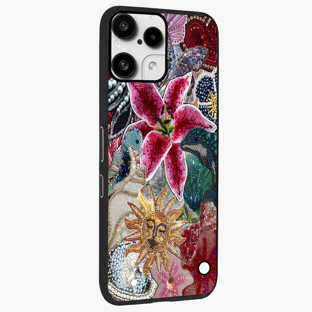 Beaded Garden Fantasy Glass Case upright view showcasing whimsical garden aesthetic with artistic bead details.