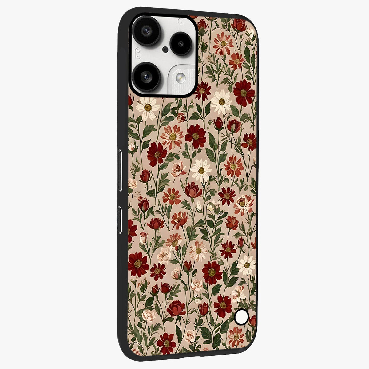 Biege Flower With Leaf Glass Case upright view showcasing delicate beige flower illustration with clean botanical style.