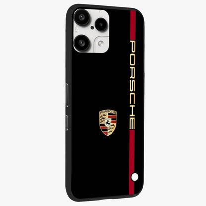 Black Minimal Porsche Glass Case upright view showcasing stylish automotive artwork with bold minimal theme.
