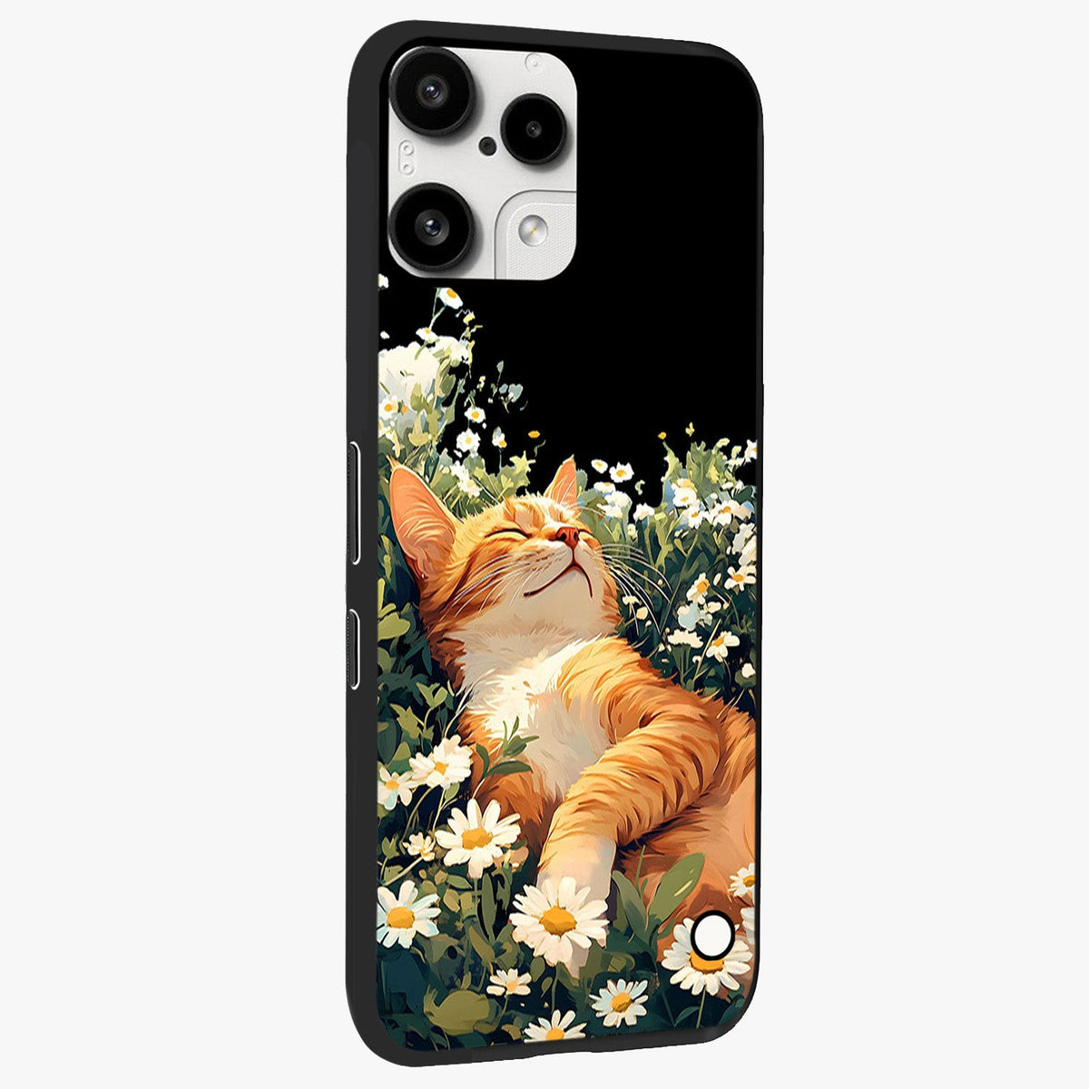 Blissful Bloom Cat Glass Case upright view showcasing charming cat design surrounded by blooming floral elements.
