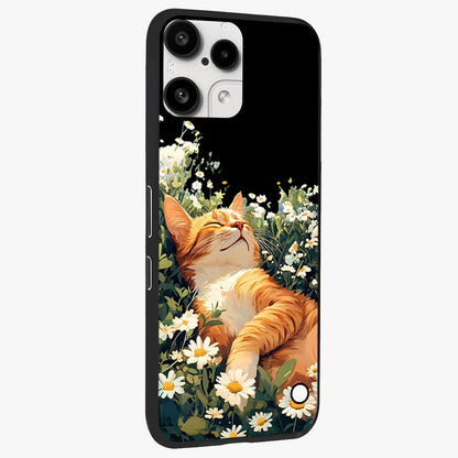 Blissful Bloom Cat Glass Case upright view showcasing charming cat design surrounded by blooming floral elements.