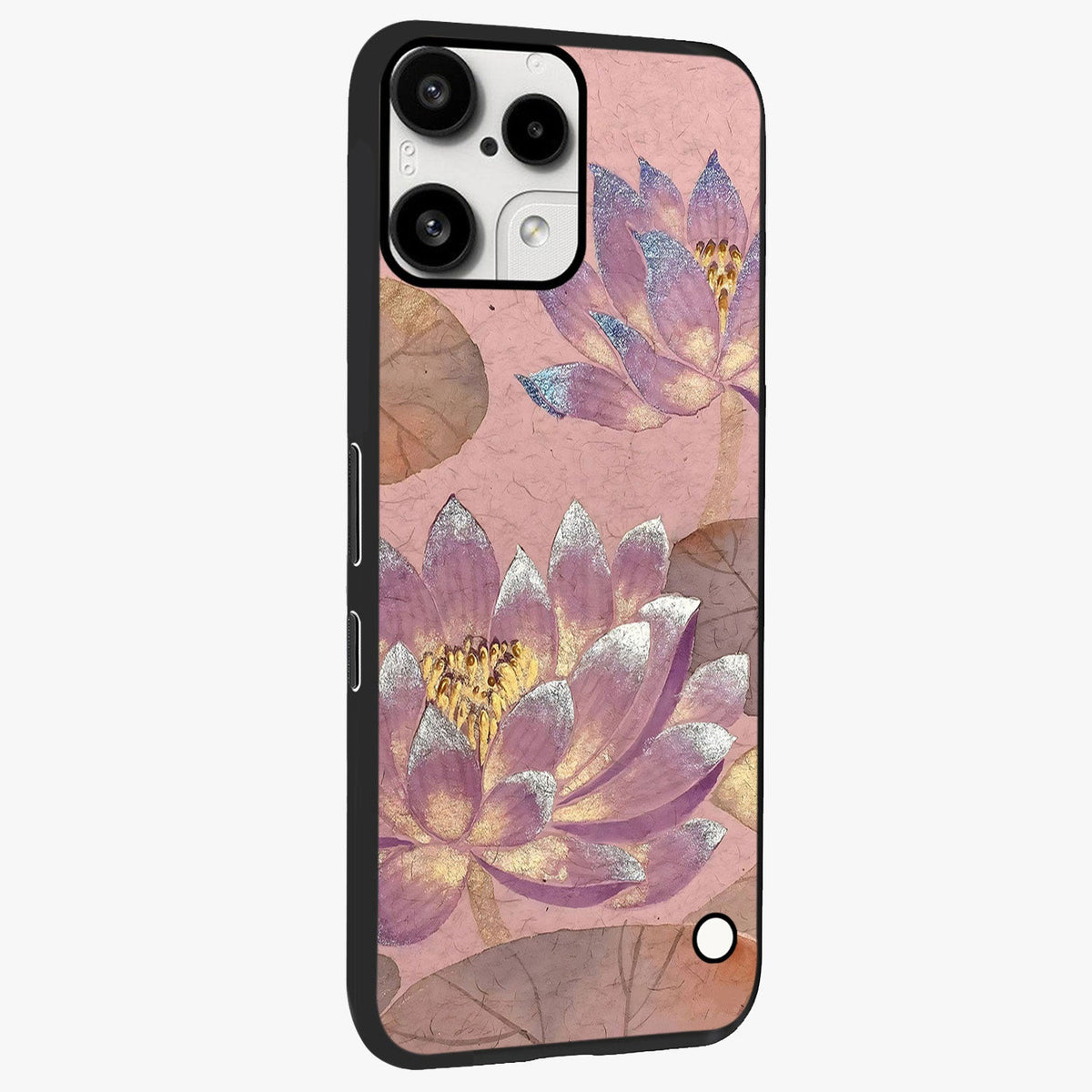 Blossom Mist Lotus Glass Case upright view showcasing graceful lotus flower design with peaceful botanical style.