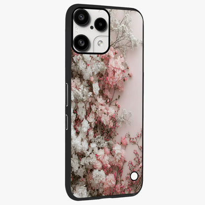 Blush Blossom Cloud Glass Case upright view showcasing calm floral cloud artwork with gentle dreamy theme.