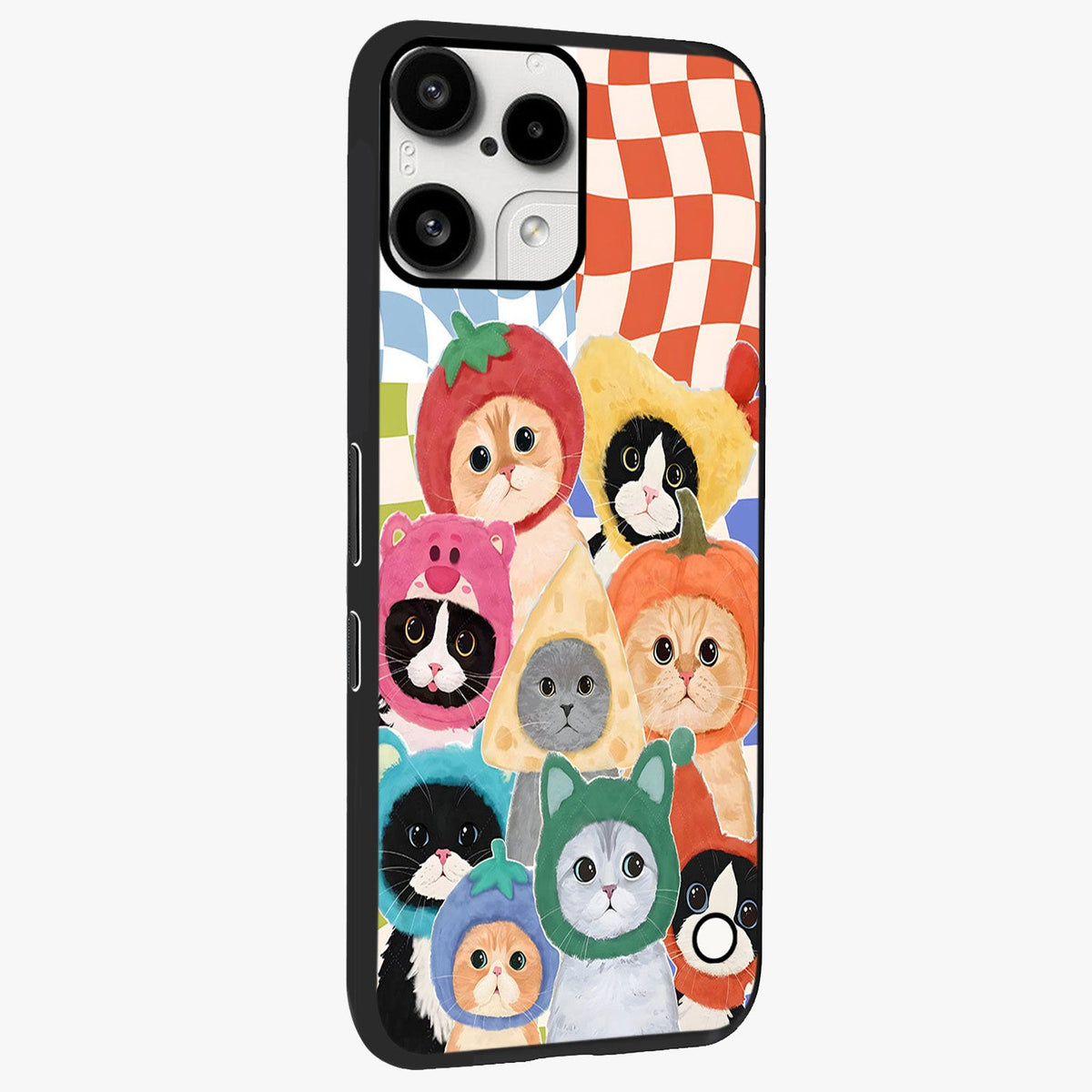 Cats in Fruits Glass Case upright view showcasing charming cat artwork with fun fruity theme.