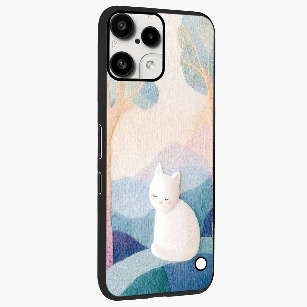 Cotton Dream Cat Glass Case upright view showcasing charming cat artwork with cozy dreamy theme.