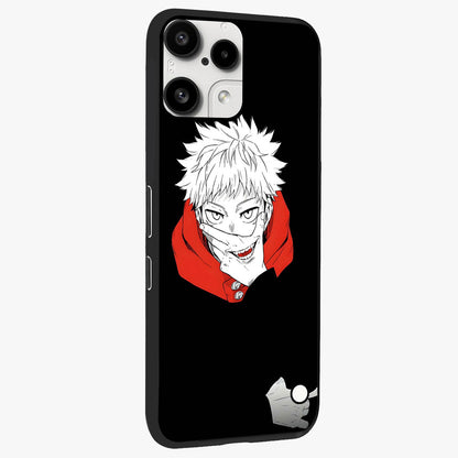 Crimson Chaos Smile Glass Case upright view showcasing expressive chaotic artwork with striking visual theme.