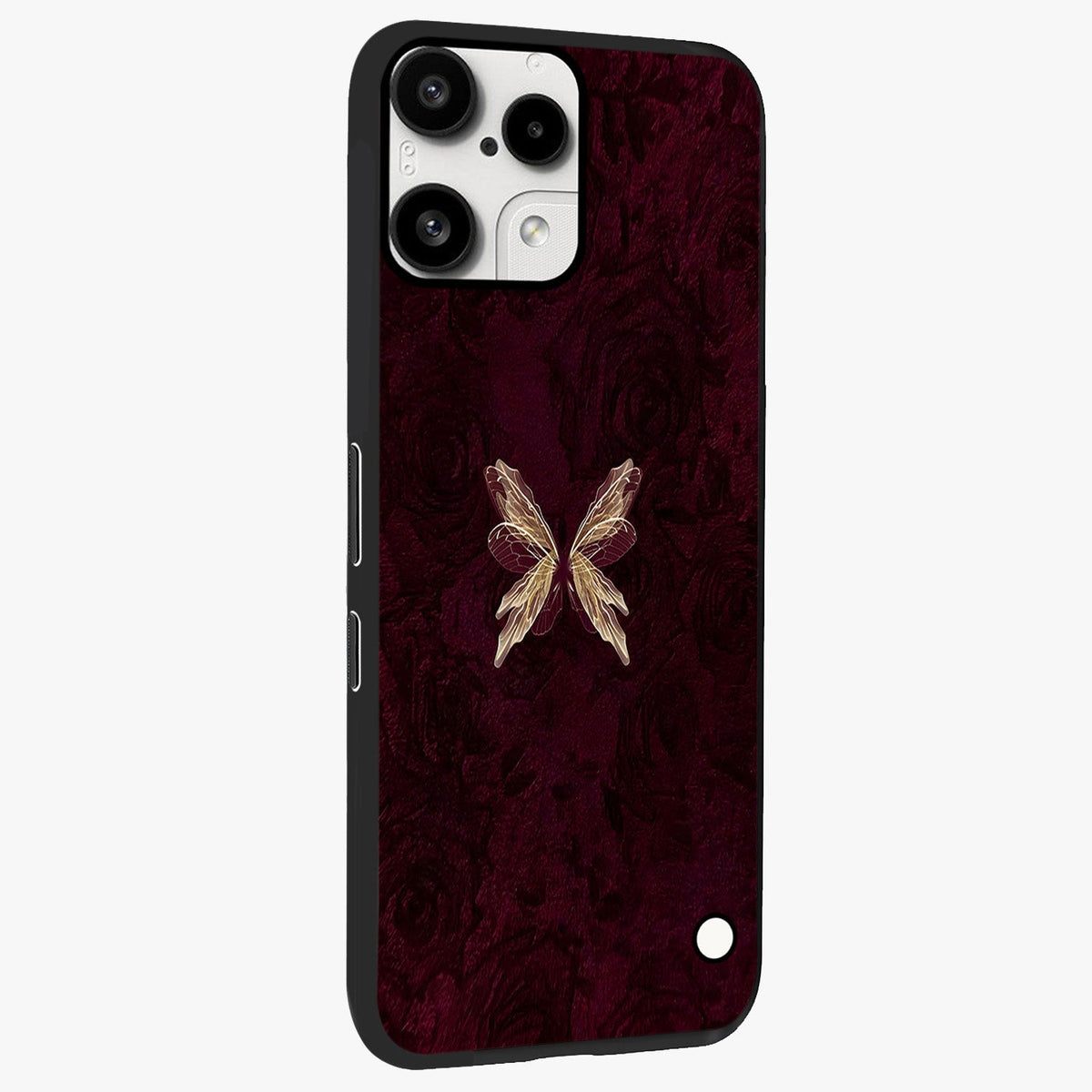Crimson Fade Butterfly Glass Case upright view showcasing graceful butterfly artwork with soft crimson fade effect.