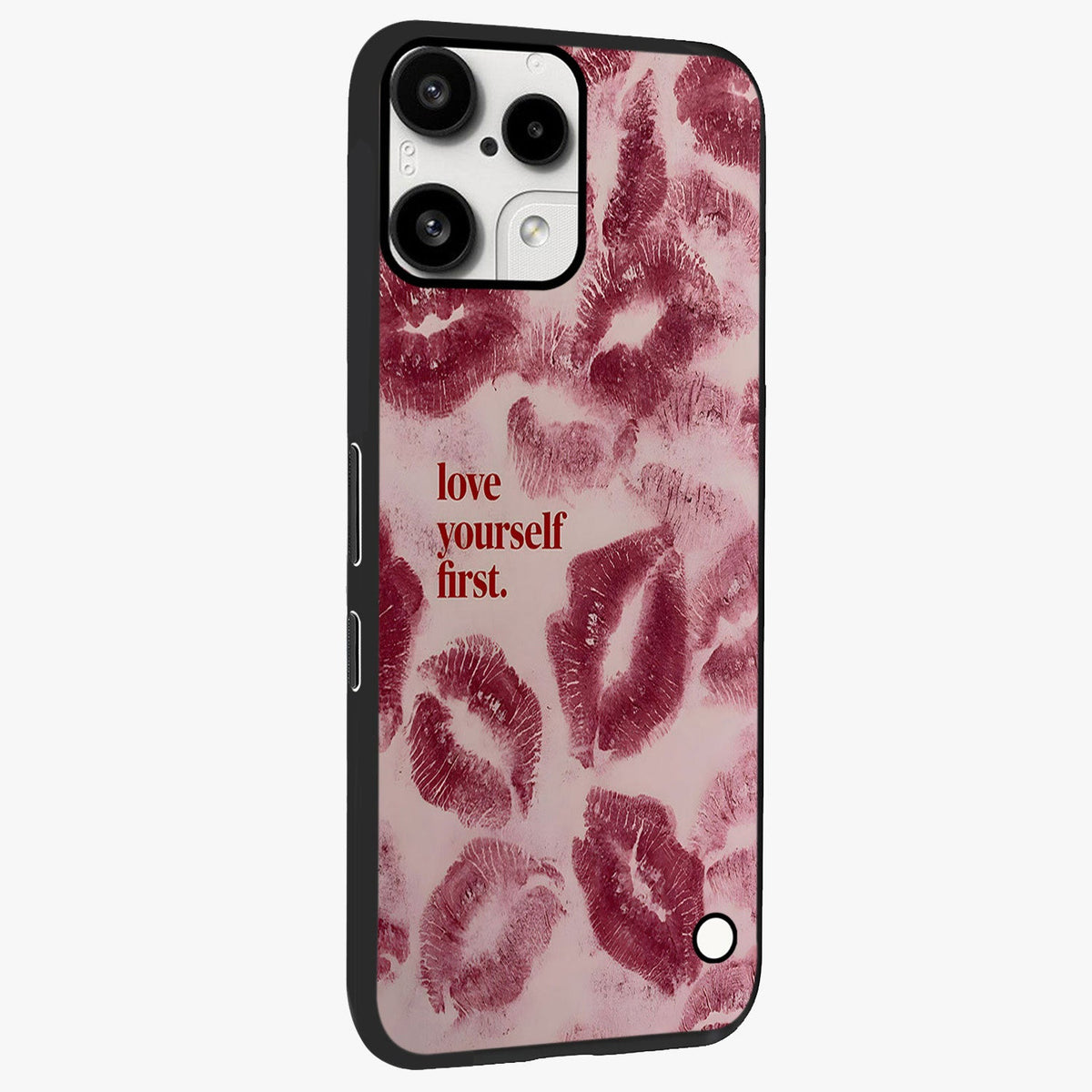 Crimson Kiss Love Glass Case upright view showcasing expressive romantic artwork with deep crimson theme.