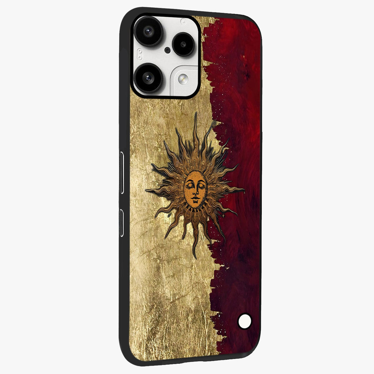 Crimson Sun Majesty Glass Case upright view showcasing vibrant sun artwork with powerful celestial theme.