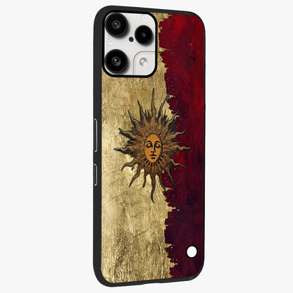 Crimson Sun Majesty Glass Case upright view showcasing vibrant sun artwork with powerful celestial theme.