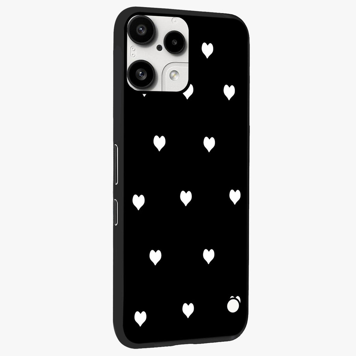 Cute And Simple White Hearts Glass Case upright view showcasing simple white hearts artwork with soft minimal theme.