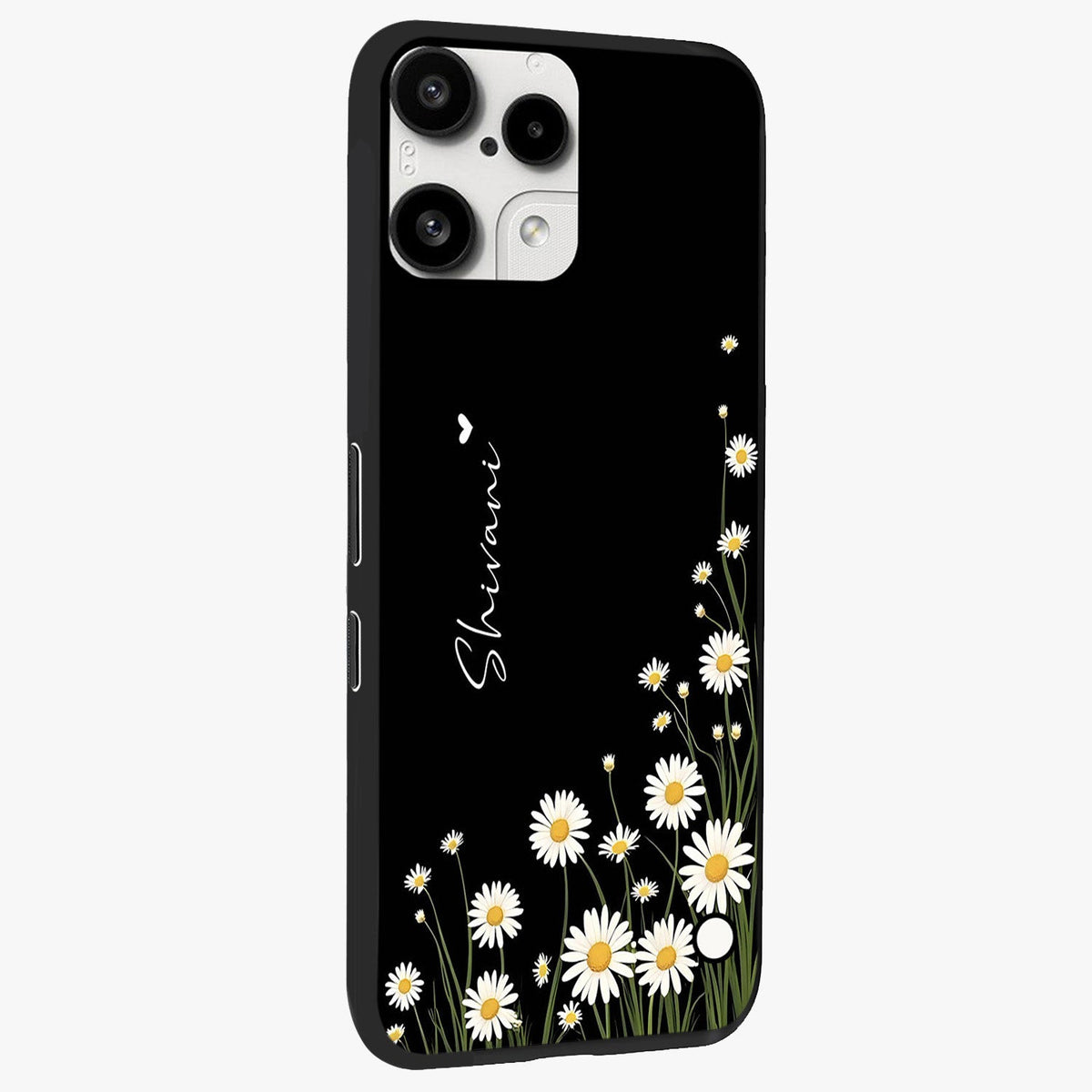 Daisy Cascade Custom Name Glass Case upright view showcasing elegant floral cascade design with personalized aesthetic.