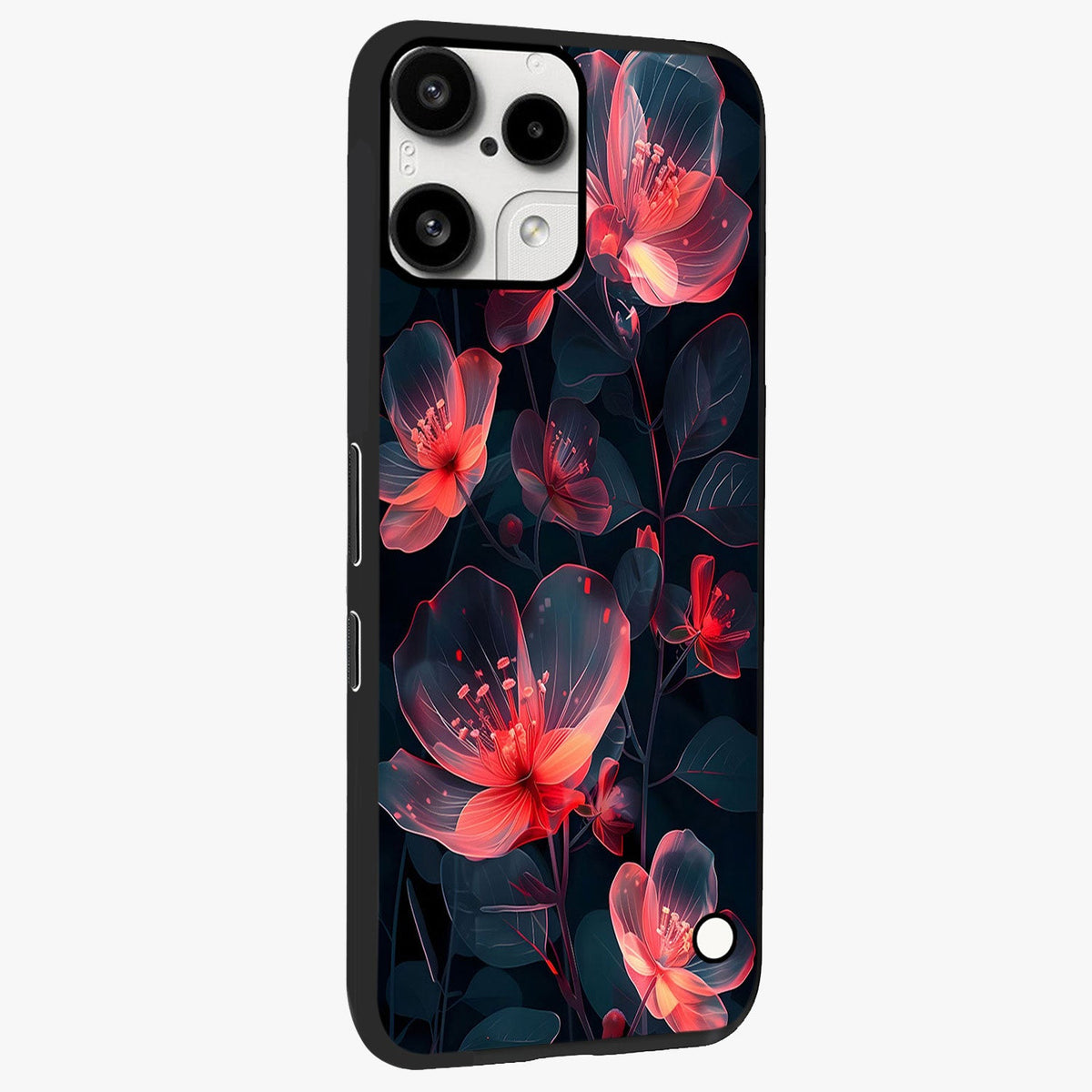Dark Shade of Flower Glass Case upright view showcasing delicate flower artwork with rich dark floral theme.