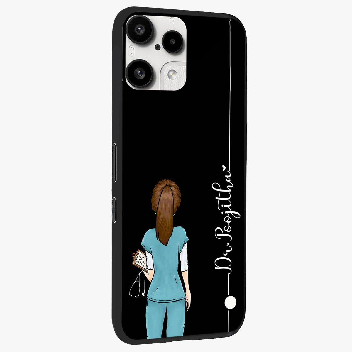 Doctor Pattern Custom Name Glass Case upright view showcasing healthcare themed design with personalized aesthetic.