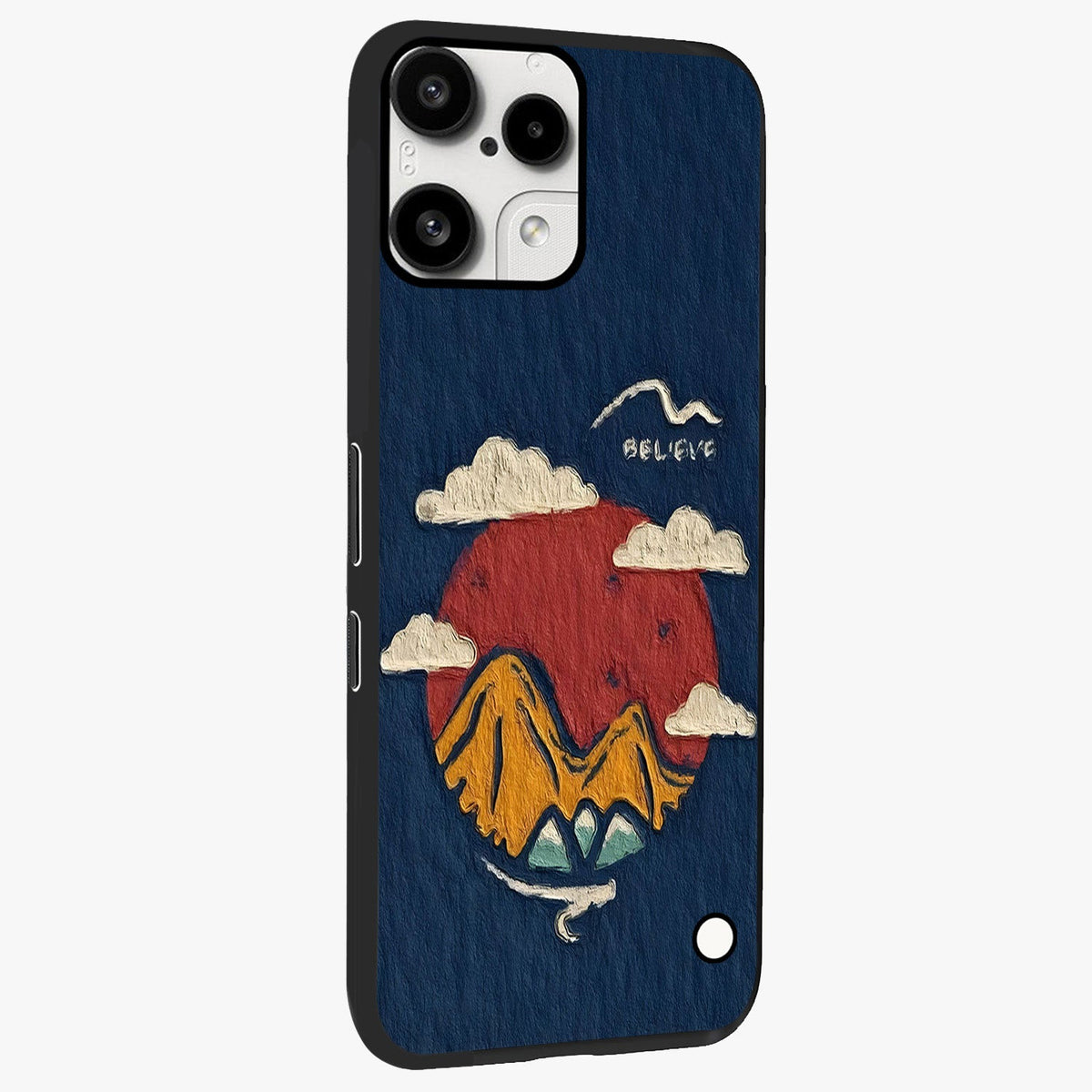 Dream Beyond Mountains Glass Case upright view showcasing beautiful mountain scenery with inspirational nature theme.