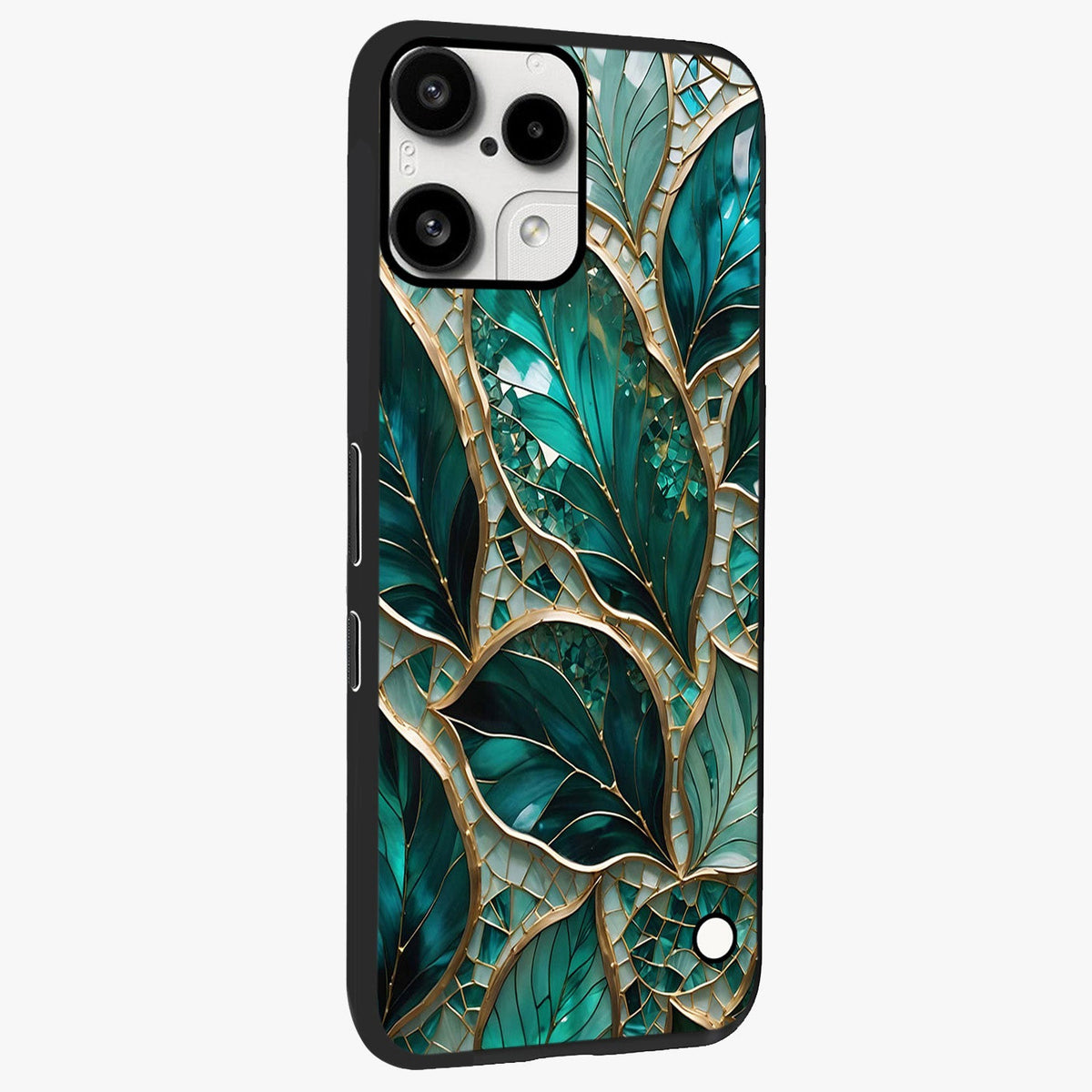 Emerald Leaf Glass Glass Case upright view showcasing fresh green leaf artwork with calming nature inspired style.