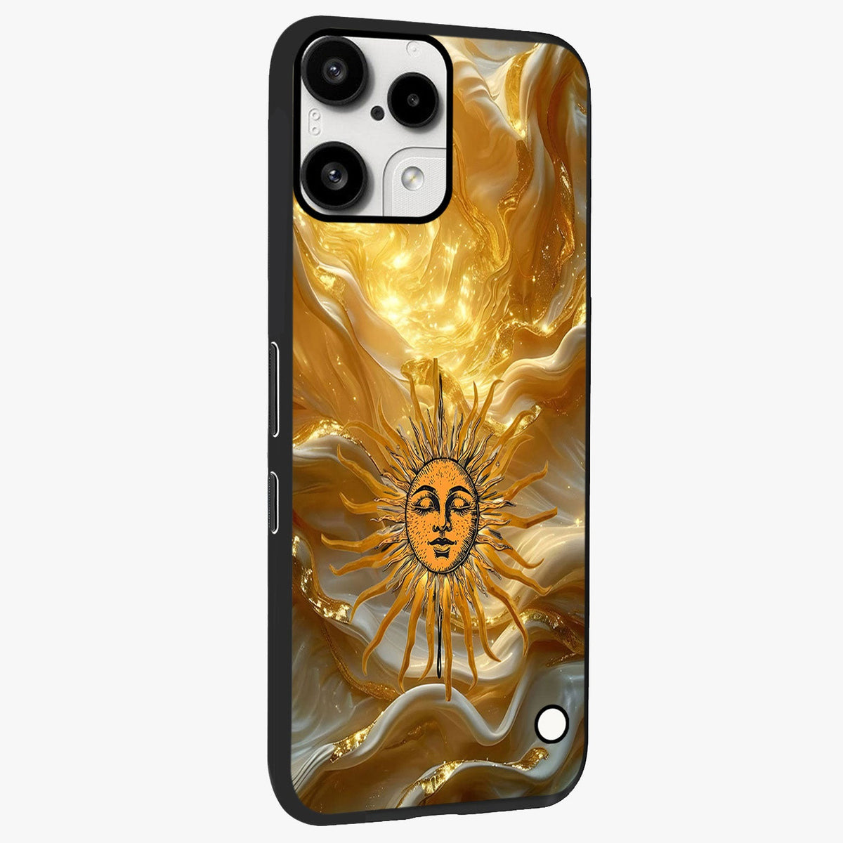 Eternal Golden Glow Glass Case upright view showcasing luminous golden artwork with luxurious visual theme.
