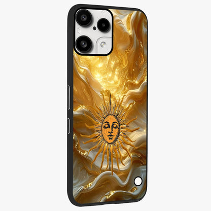 Eternal Golden Glow Glass Case upright view showcasing luminous golden artwork with luxurious visual theme.