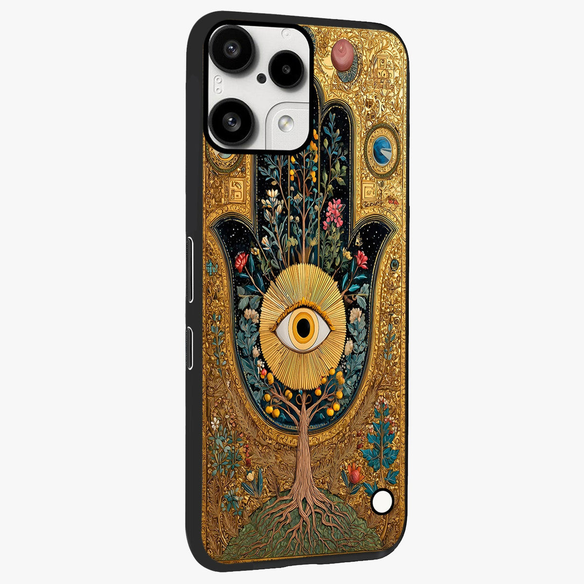 Ethereal Evil Eye Glass Case upright view showcasing celestial evil eye artwork with mystical theme.