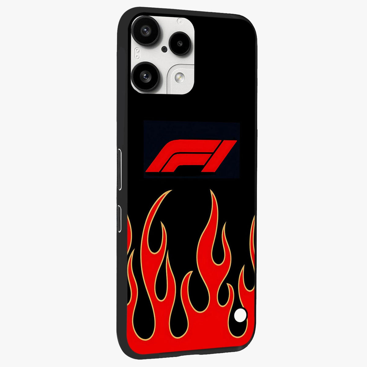 Fire F11 Glass Case upright view showcasing dynamic flame artwork with intense visual theme.
