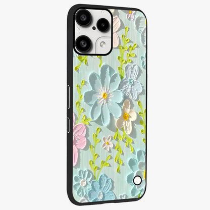 Frosted Petal Garden Glass Case upright view showcasing elegant floral garden artwork with soothing pastel theme.