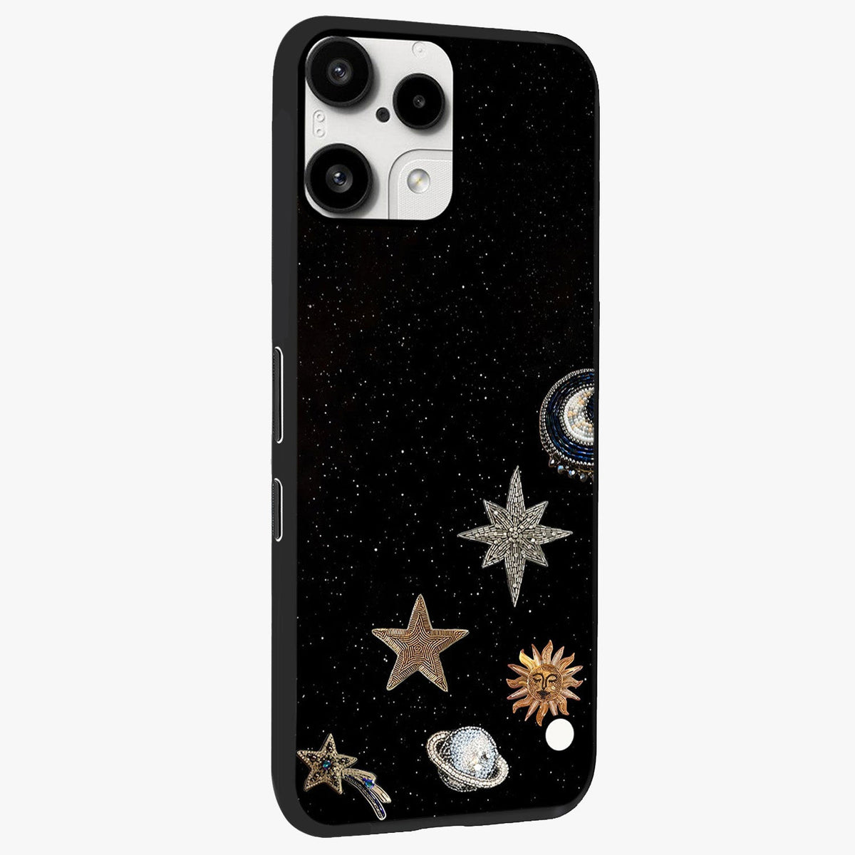 Galactic Charm Glow Glass Case upright view showcasing glowing cosmic charm artwork with magical celestial style.
